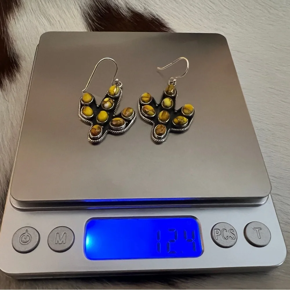 ❤️ Honey Dahlia Kingman Turquoise Navajo Style Cactus Dangle Earrings 1.88”L